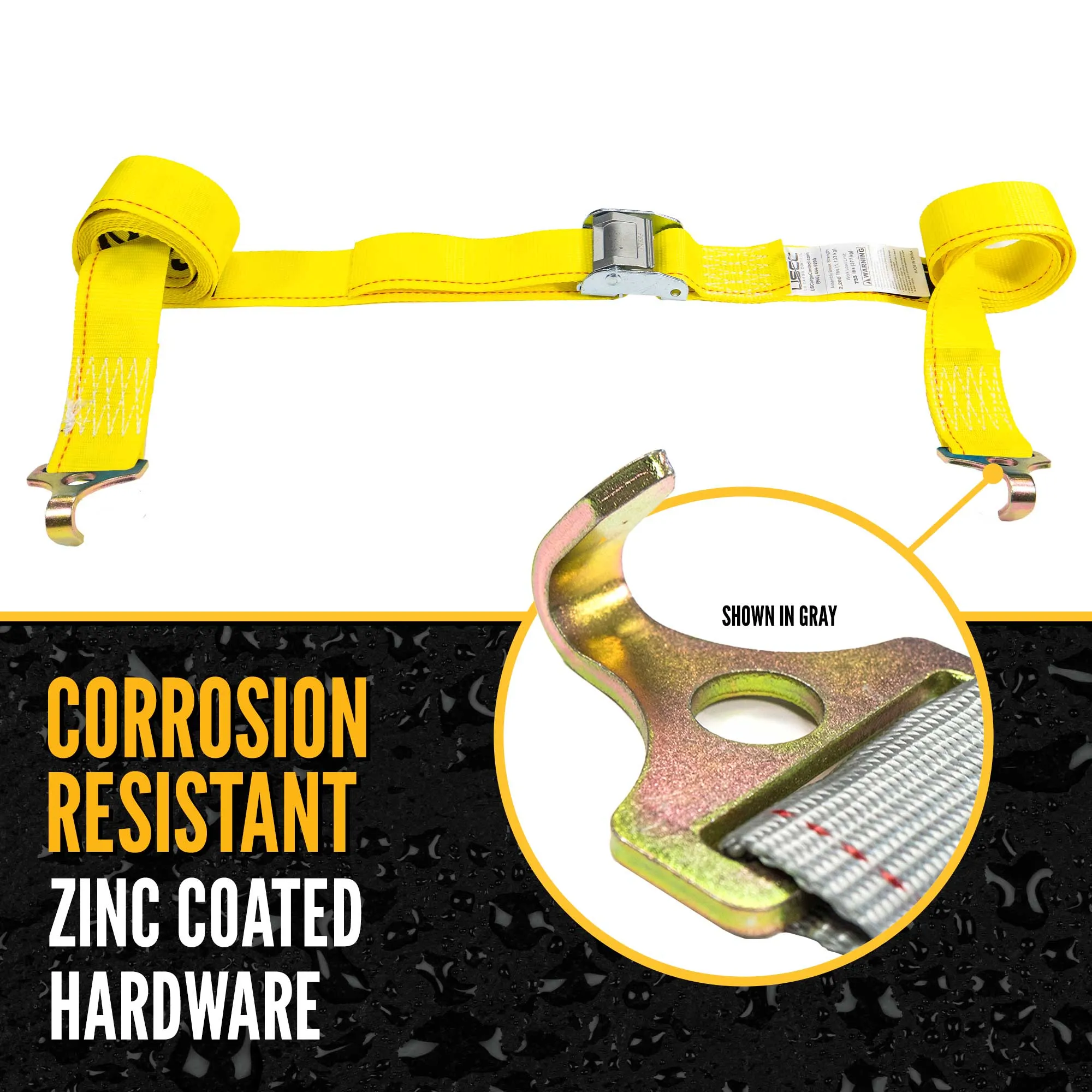 2" x 12' Yellow Cam Buckle Strap with Plate Trailer F-Hooks