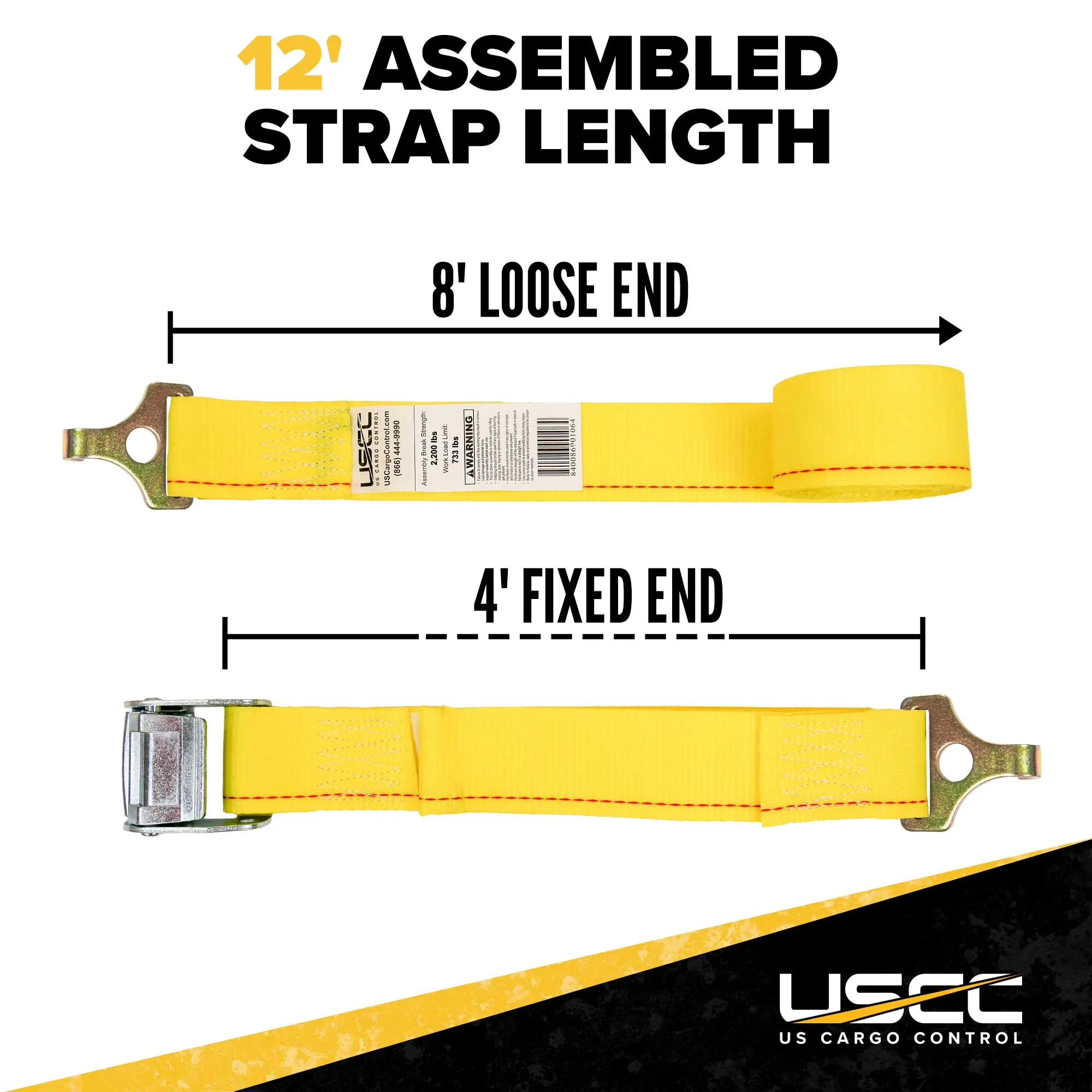 2" x 12' Yellow Cam Buckle Strap with Plate Trailer F-Hooks