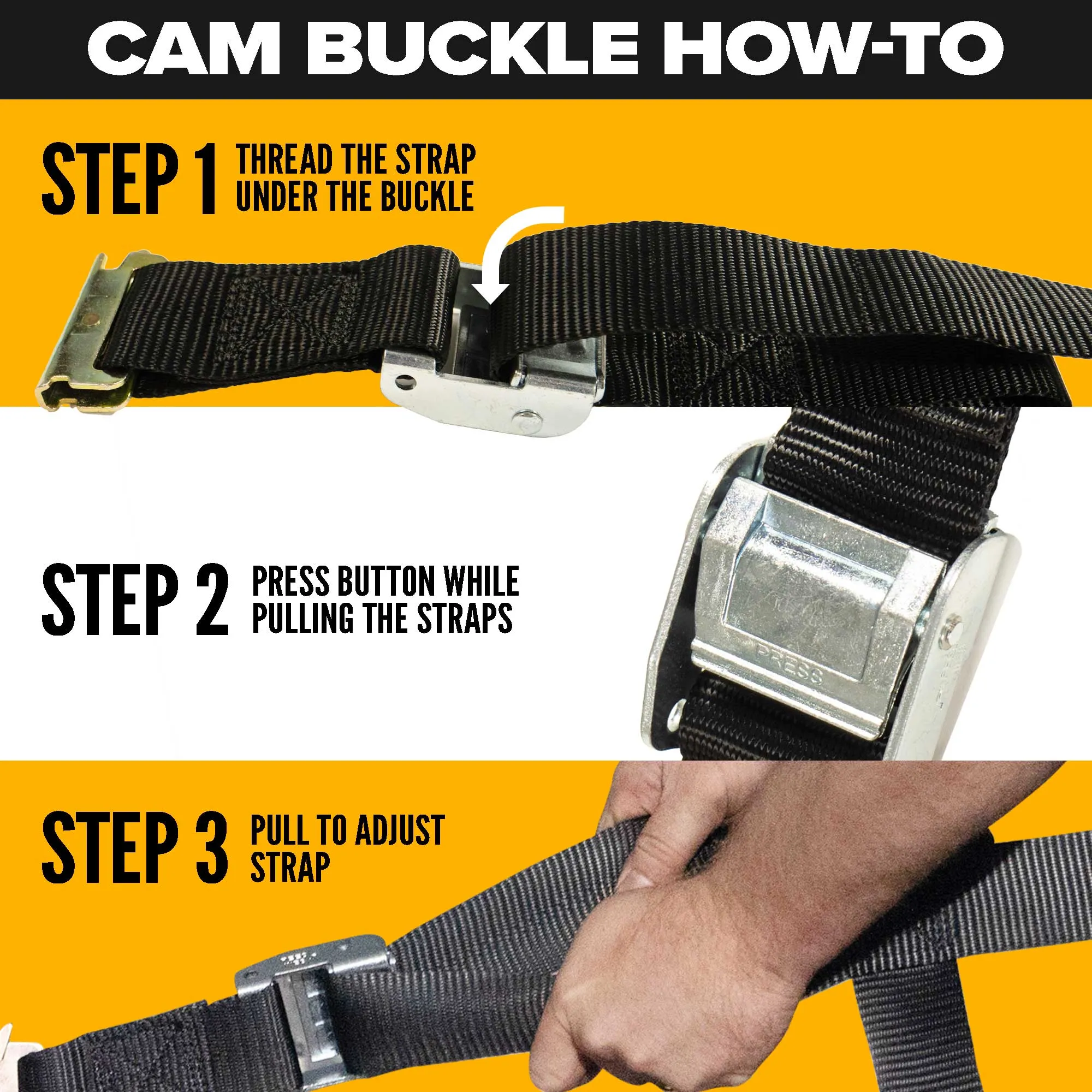 2" x 12' Yellow Cam Buckle Strap with Plate Trailer F-Hooks