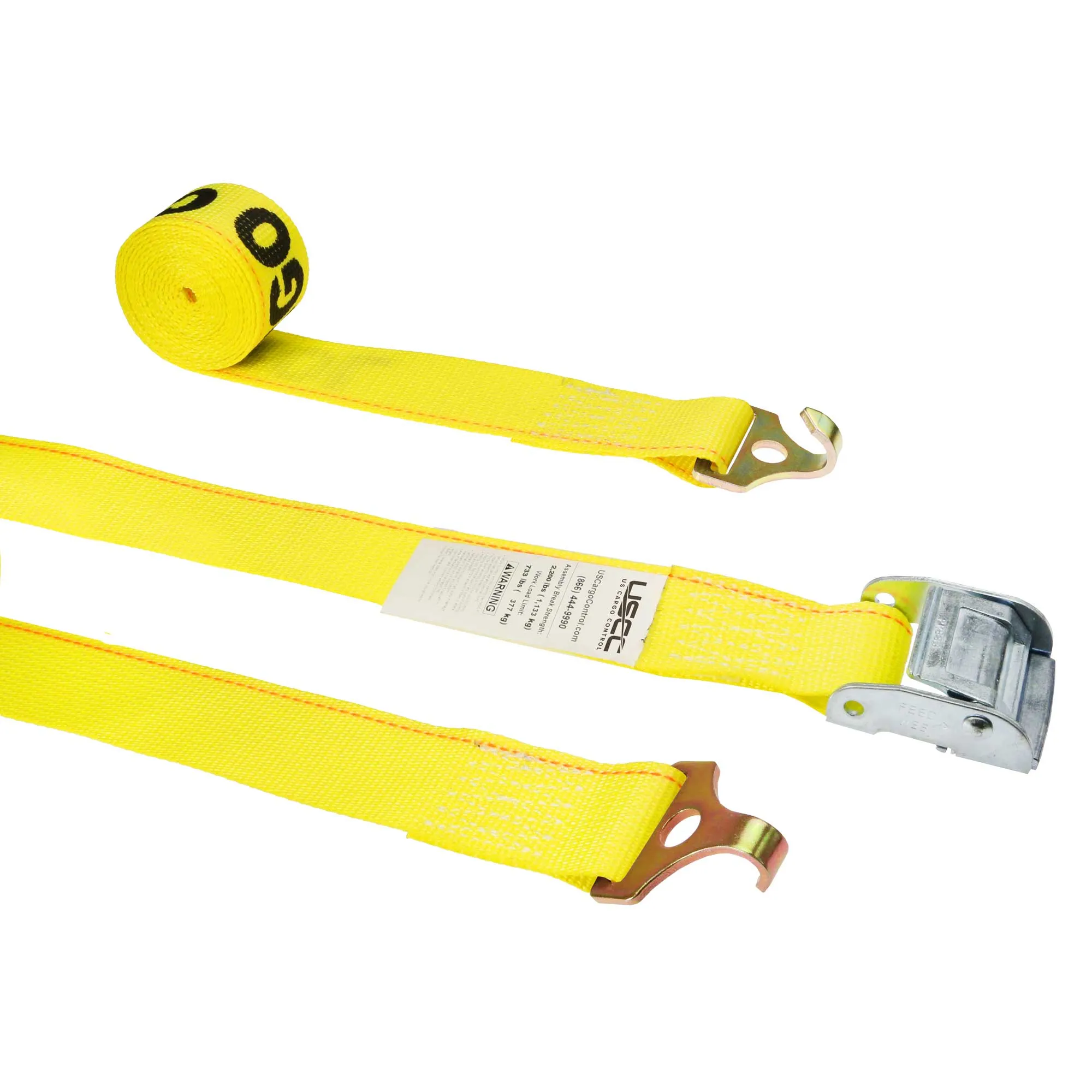2" x 12' Yellow Cam Buckle Strap with Plate Trailer F-Hooks