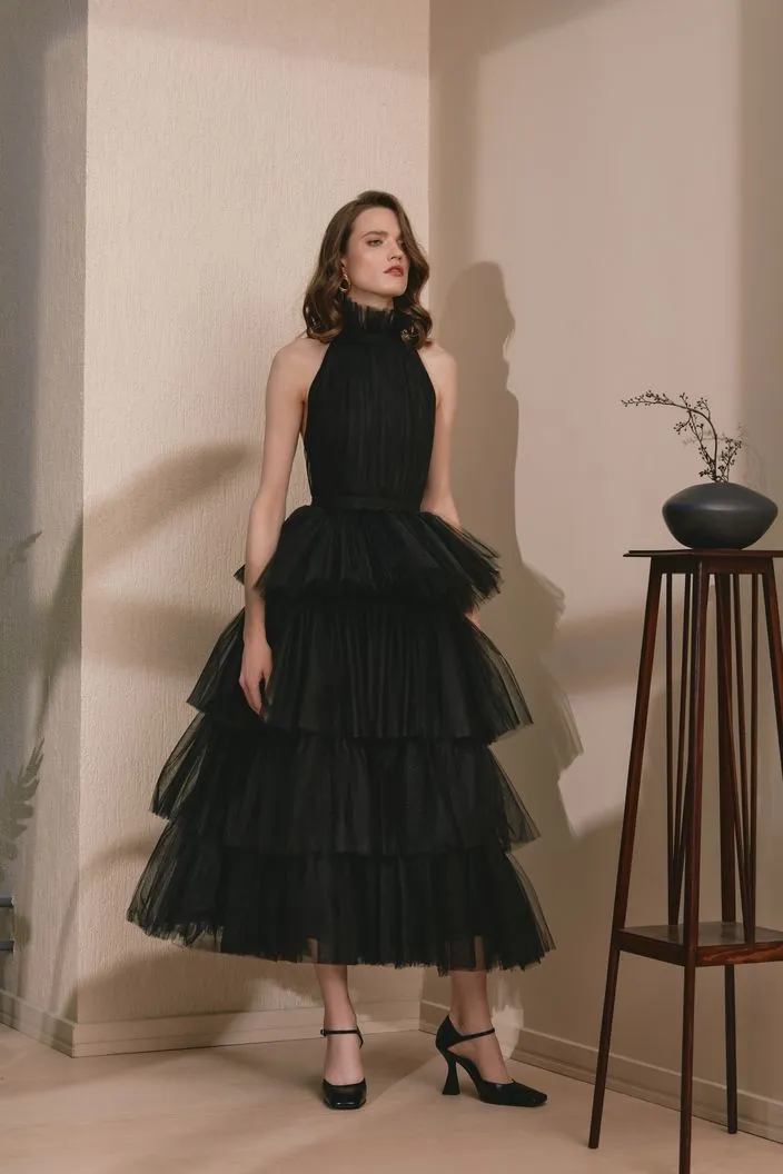 Black Halter Neck Tie Up frilled Evening Dress