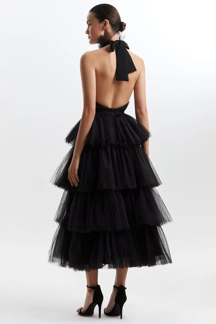 Black Halter Neck Tie Up frilled Evening Dress