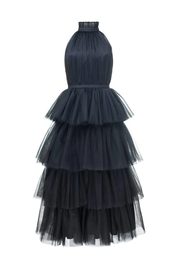 Black Halter Neck Tie Up frilled Evening Dress