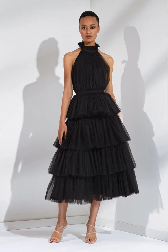 Black Halter Neck Tie Up frilled Evening Dress