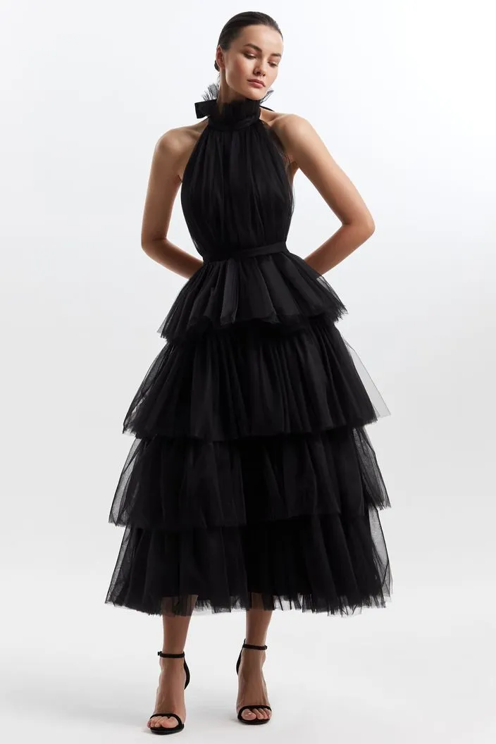 Black Halter Neck Tie Up frilled Evening Dress