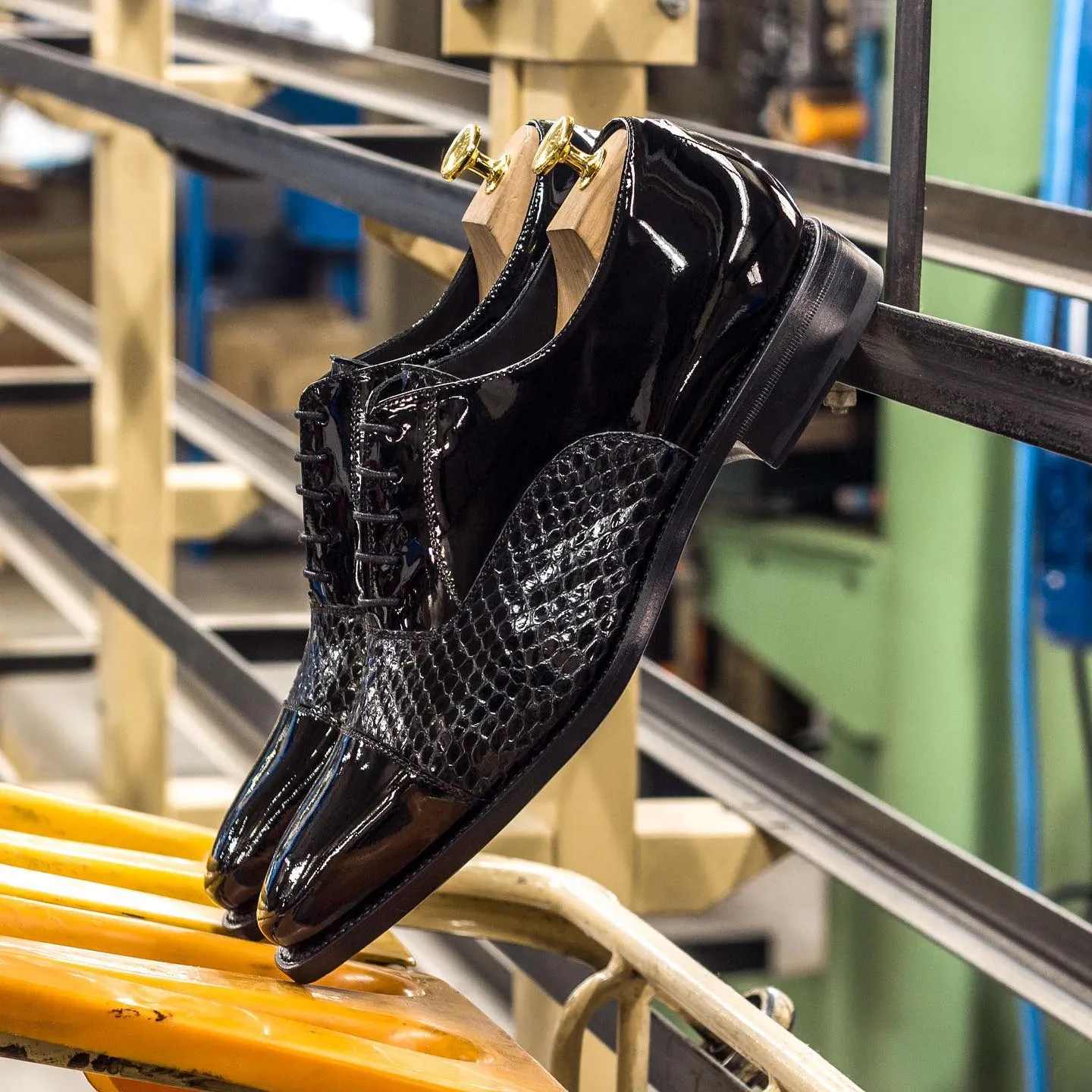 Black Patent and Python Print Leather Pirae Lace Up Oxfords