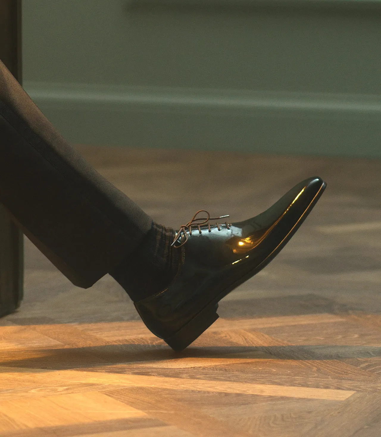 Black Patent Leather Bucoli Whole Cut Lace Up Oxfords