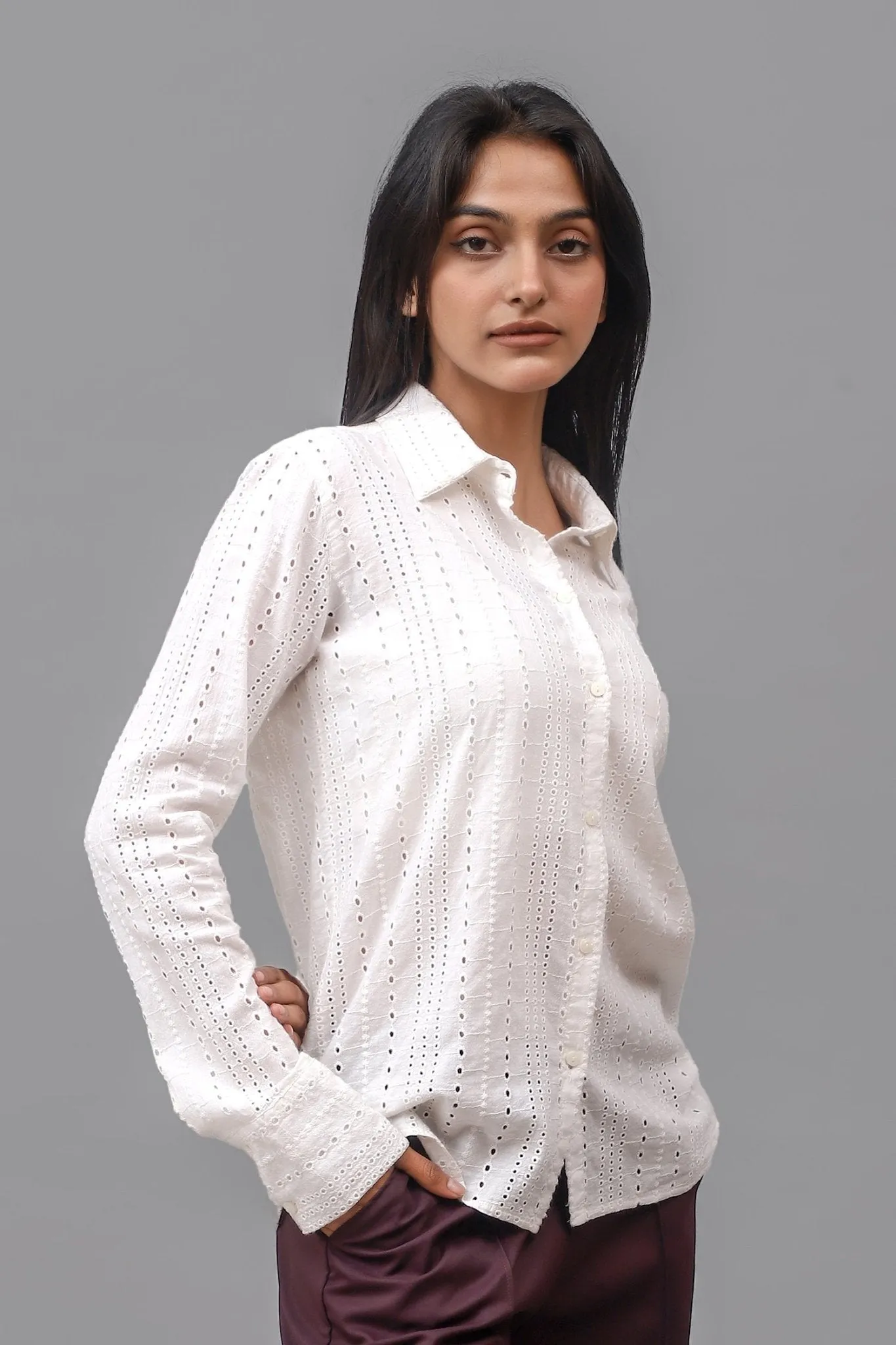 Bluebird Women Cotton Schiffli Shirt - White