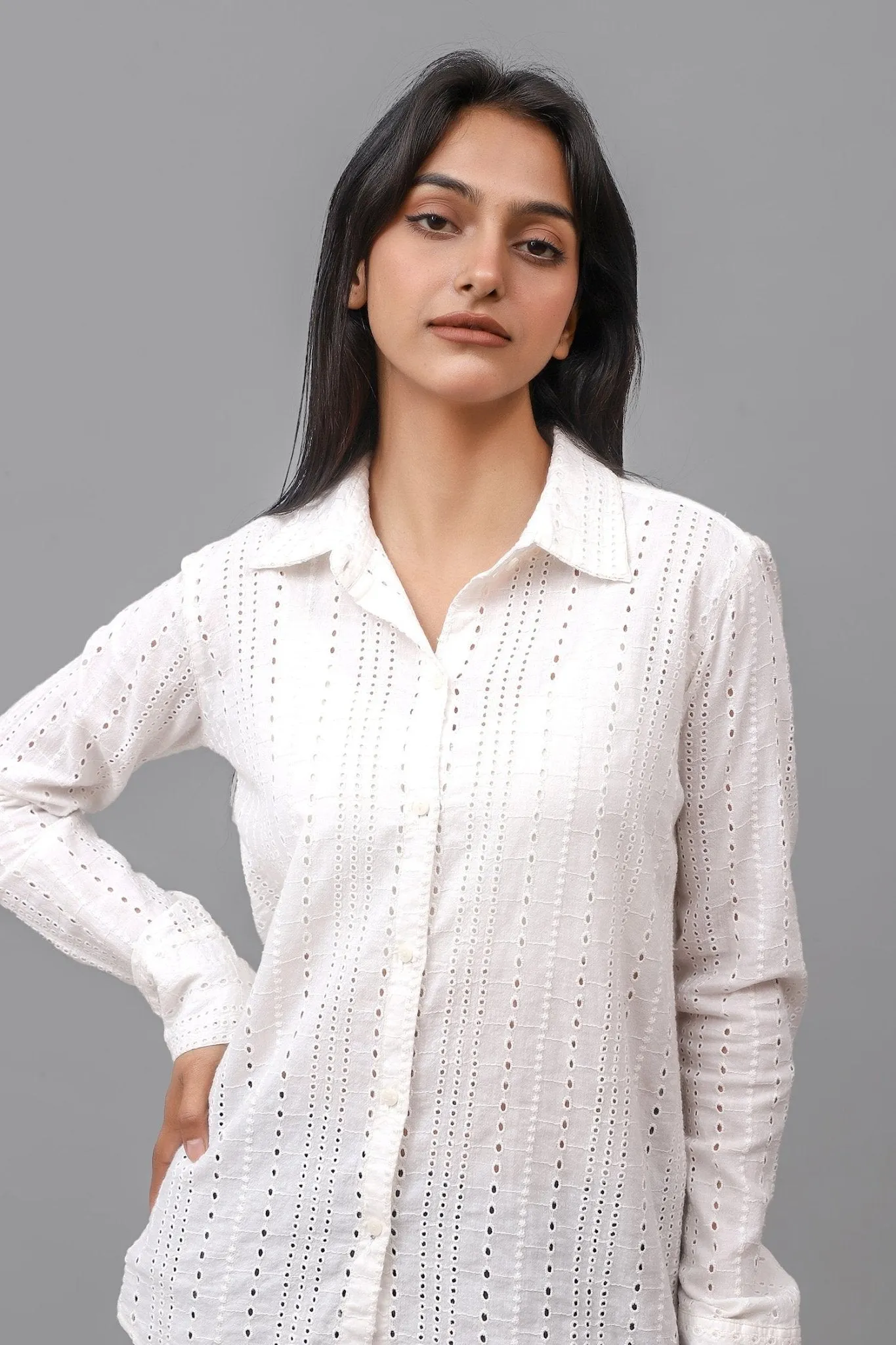 Bluebird Women Cotton Schiffli Shirt - White