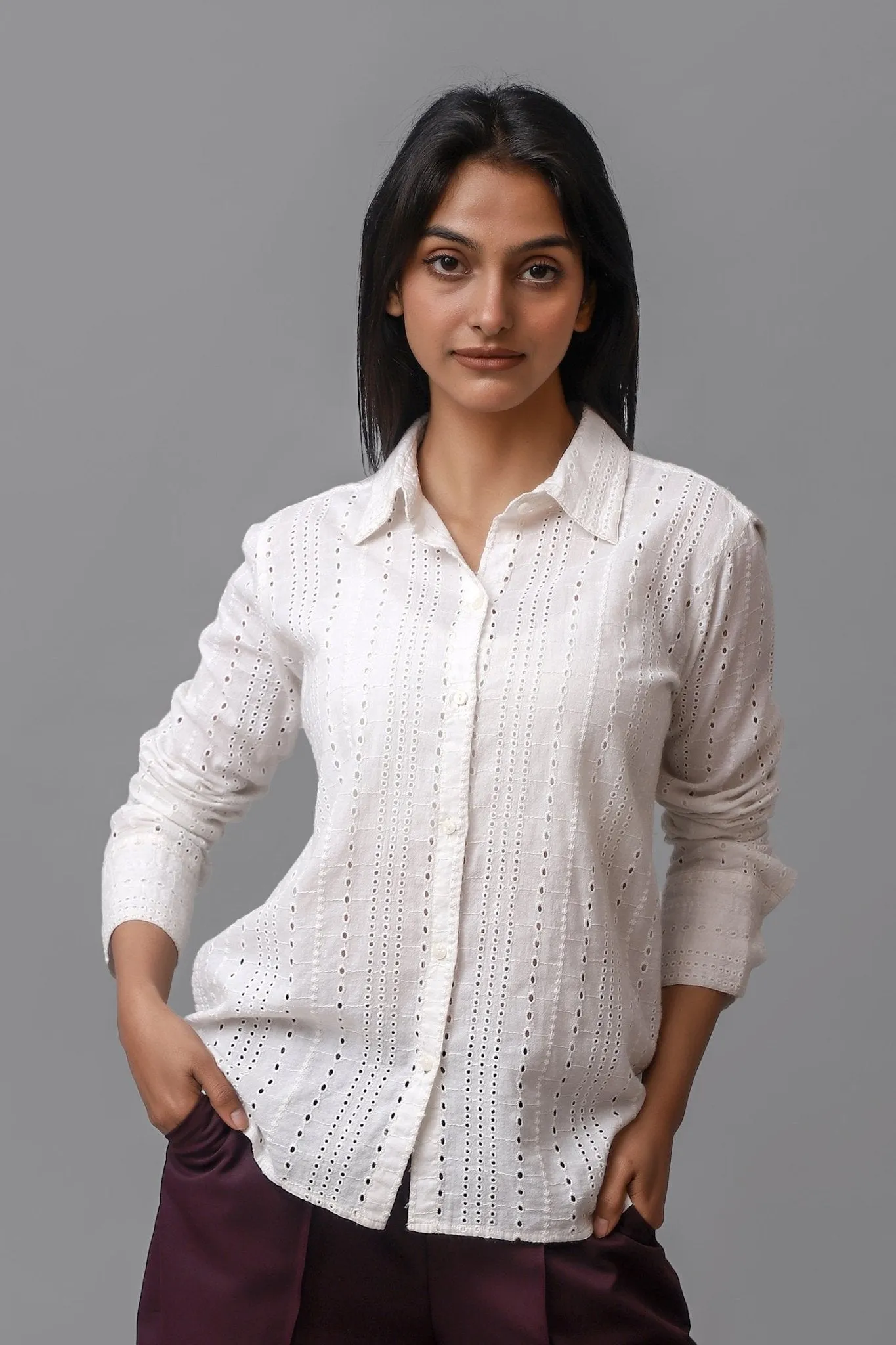 Bluebird Women Cotton Schiffli Shirt - White