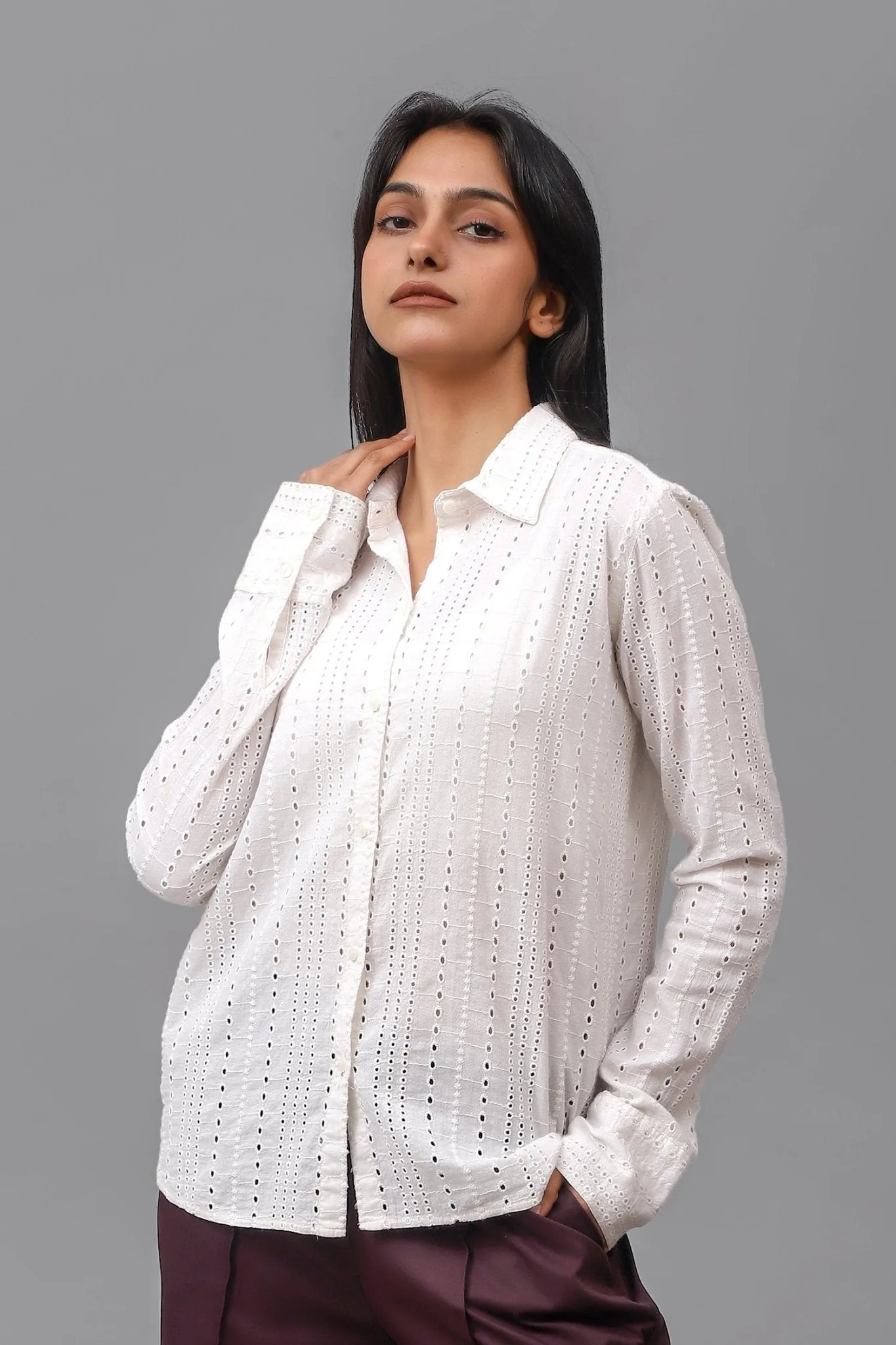 Bluebird Women Cotton Schiffli Shirt - White