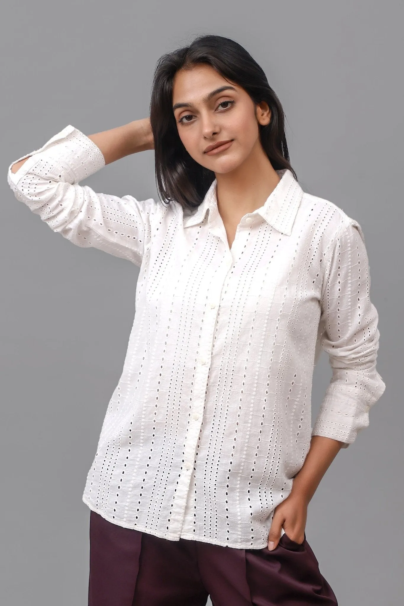 Bluebird Women Cotton Schiffli Shirt - White