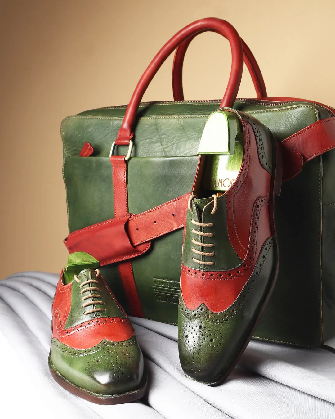 Combo - Green & Red Patina Man Bag   Goodyear Welted Full Brogue Oxfords