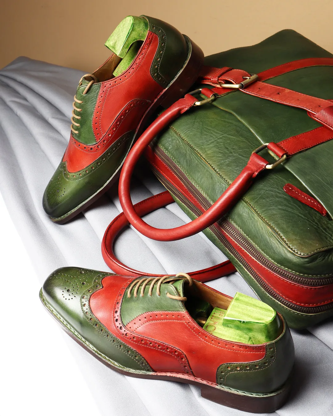 Combo - Green & Red Patina Man Bag   Goodyear Welted Full Brogue Oxfords