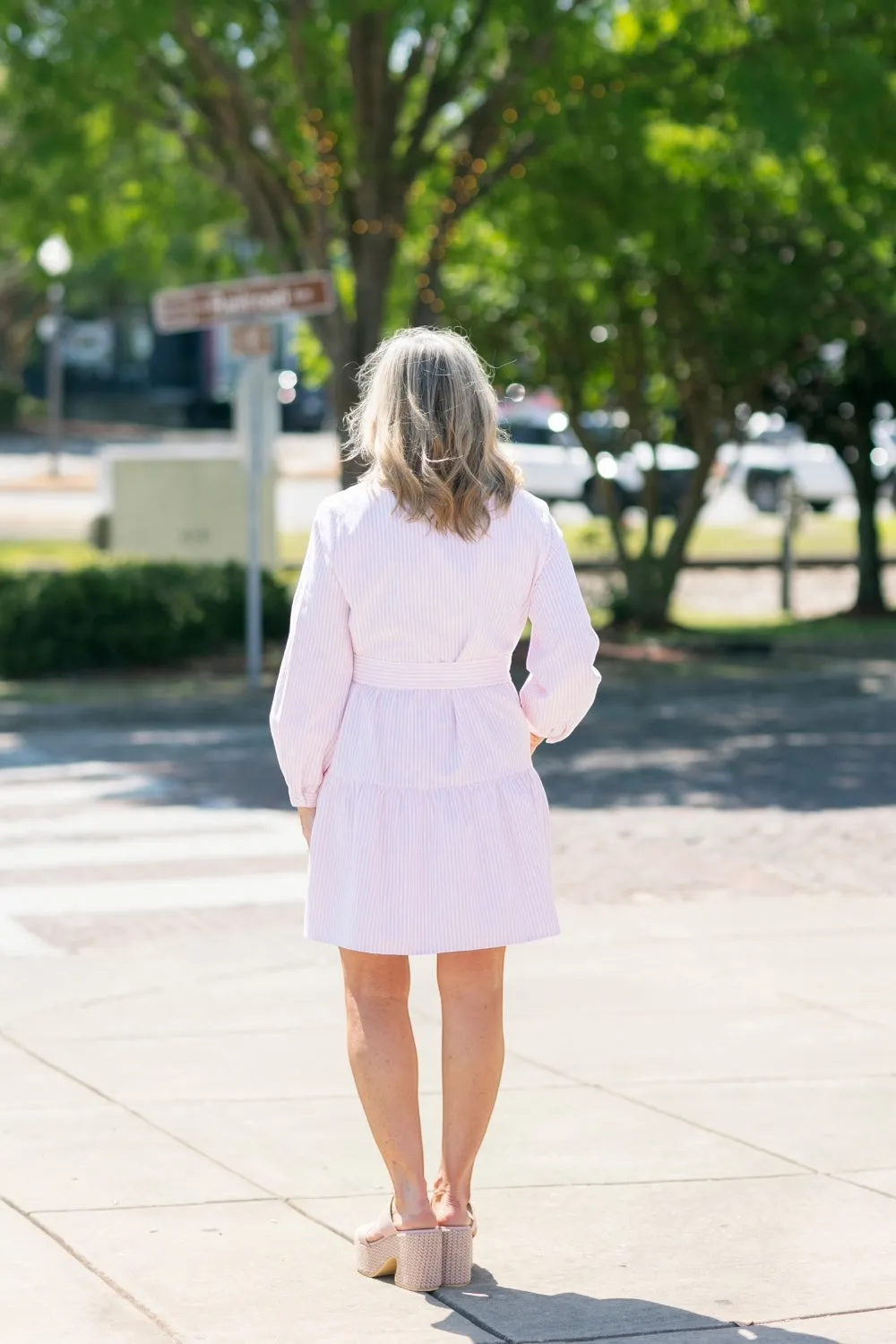 Dana Pink Pinstripe Belted Dress