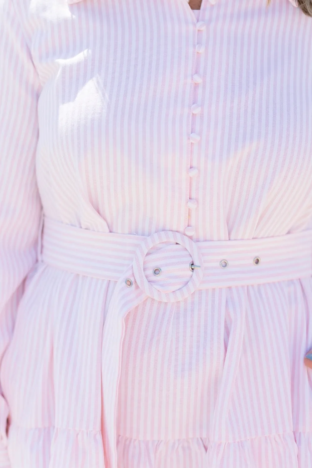 Dana Pink Pinstripe Belted Dress