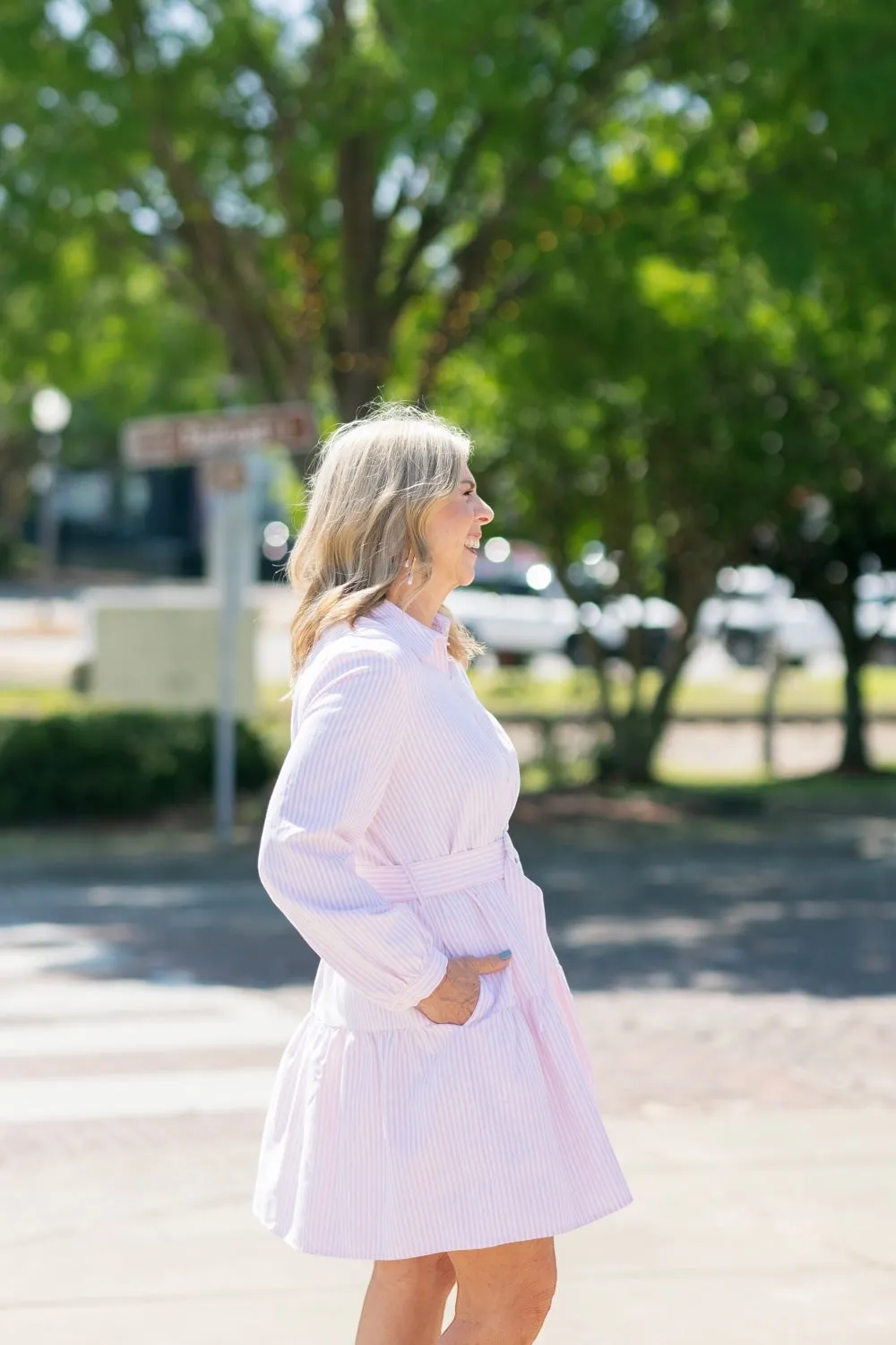 Dana Pink Pinstripe Belted Dress