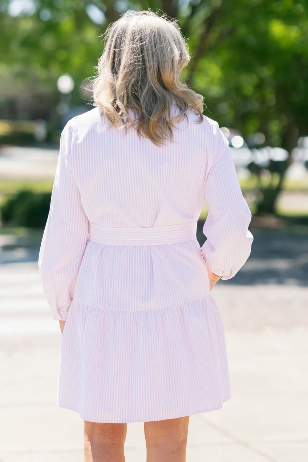 Dana Pink Pinstripe Belted Dress