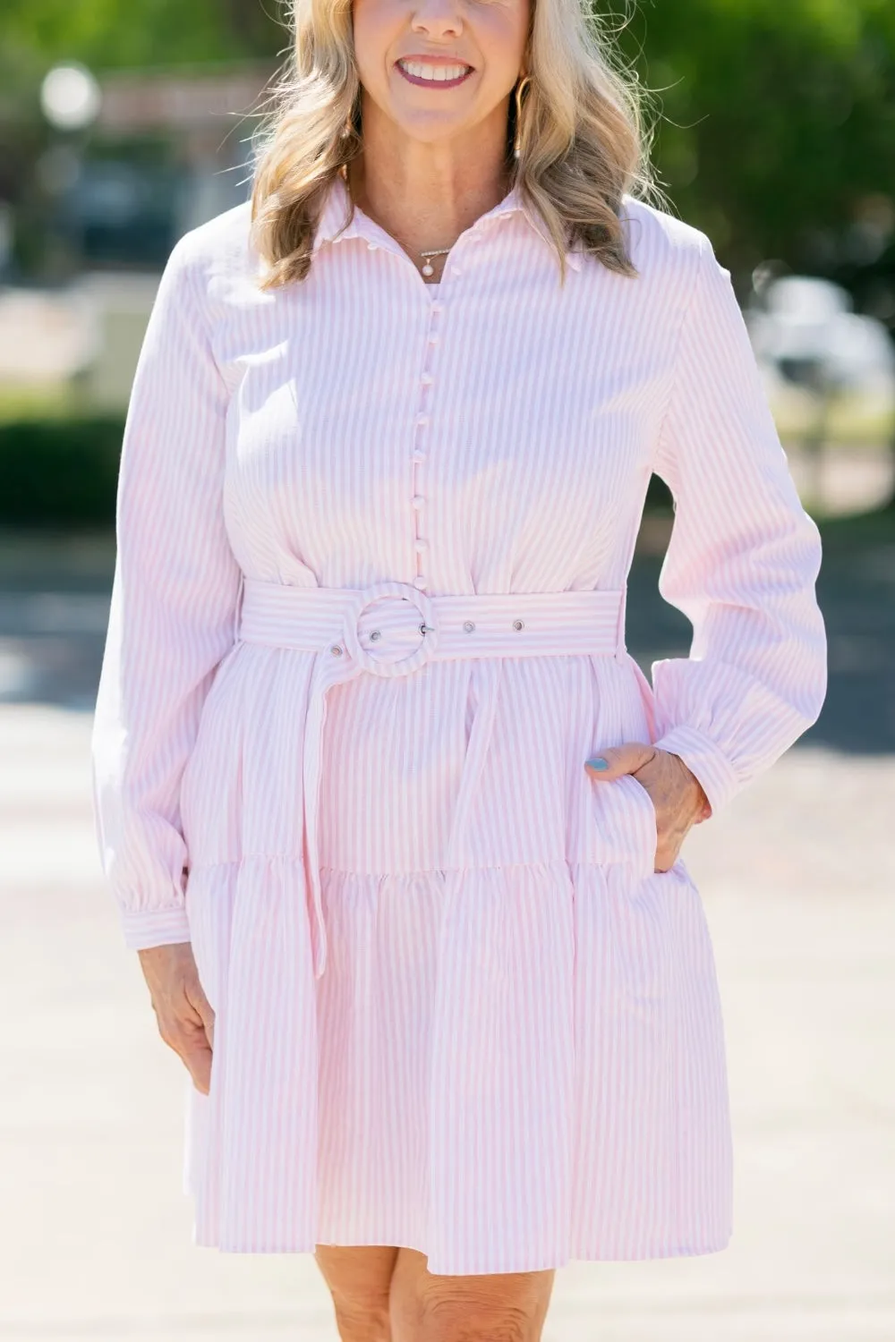 Dana Pink Pinstripe Belted Dress