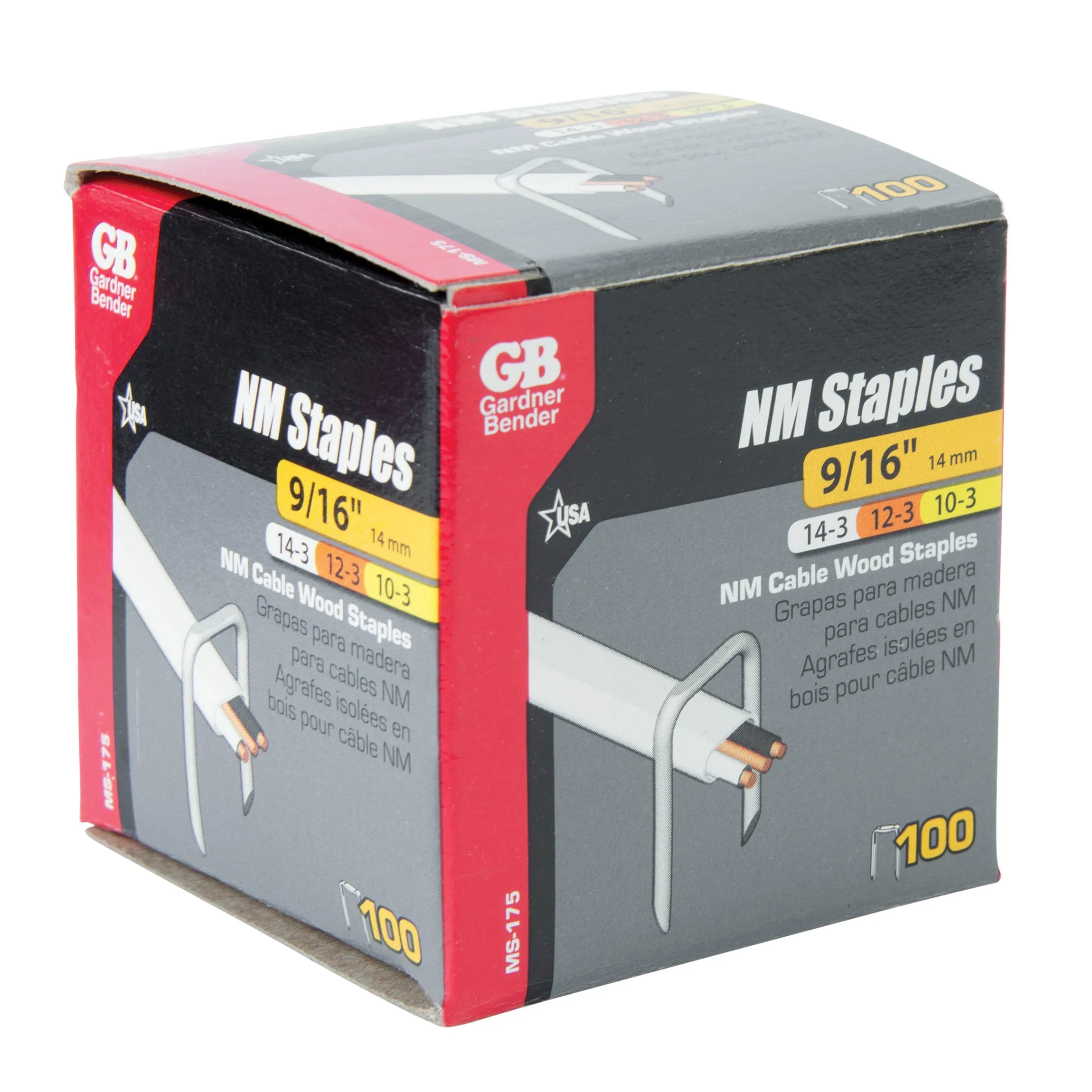 GB® MS-175 Recessed Head Sharp Tip Staple, 9/16 in W Crown, 1-1/4 in L Leg, Steel Staple, 14/3 AWG Max Cable Dia