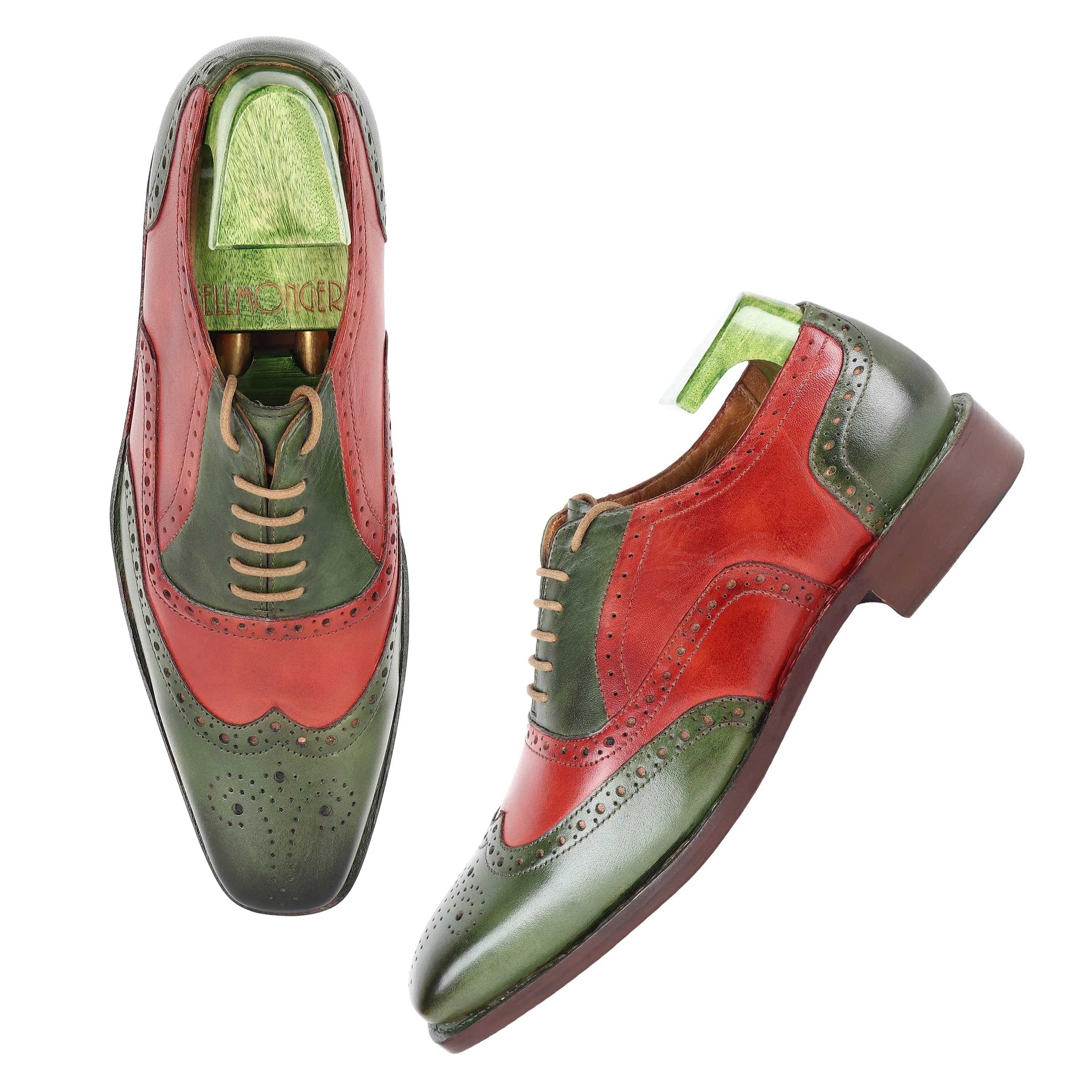 Green   Red Mirror Glossed Patina Goodyear Welted Full Brogue Square Toe Oxfords