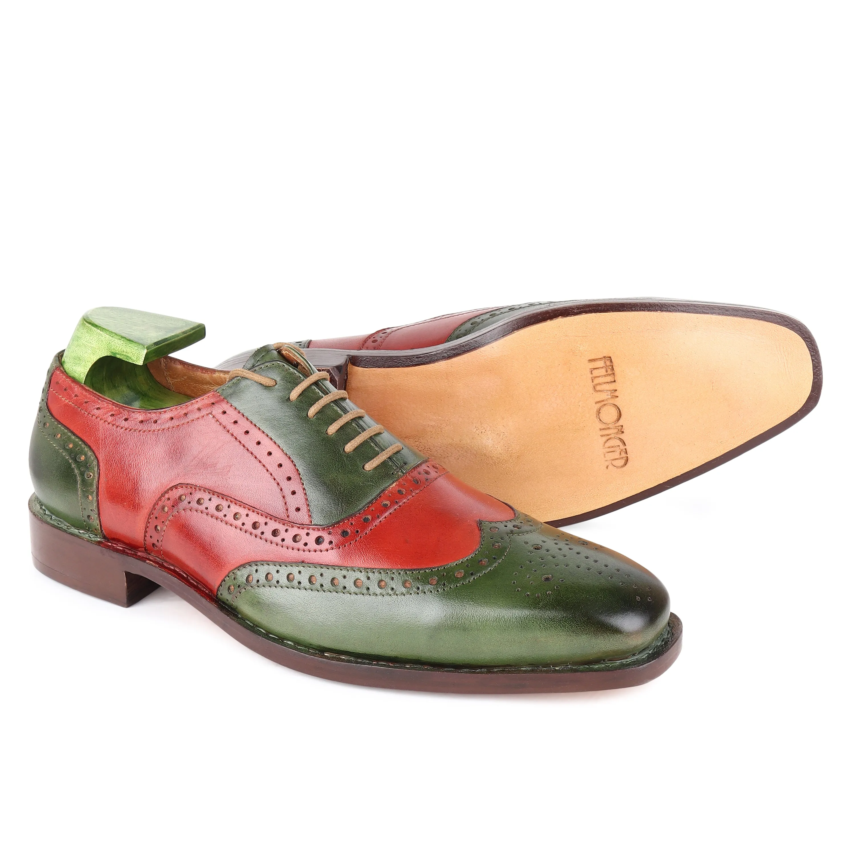 Green   Red Mirror Glossed Patina Goodyear Welted Full Brogue Square Toe Oxfords