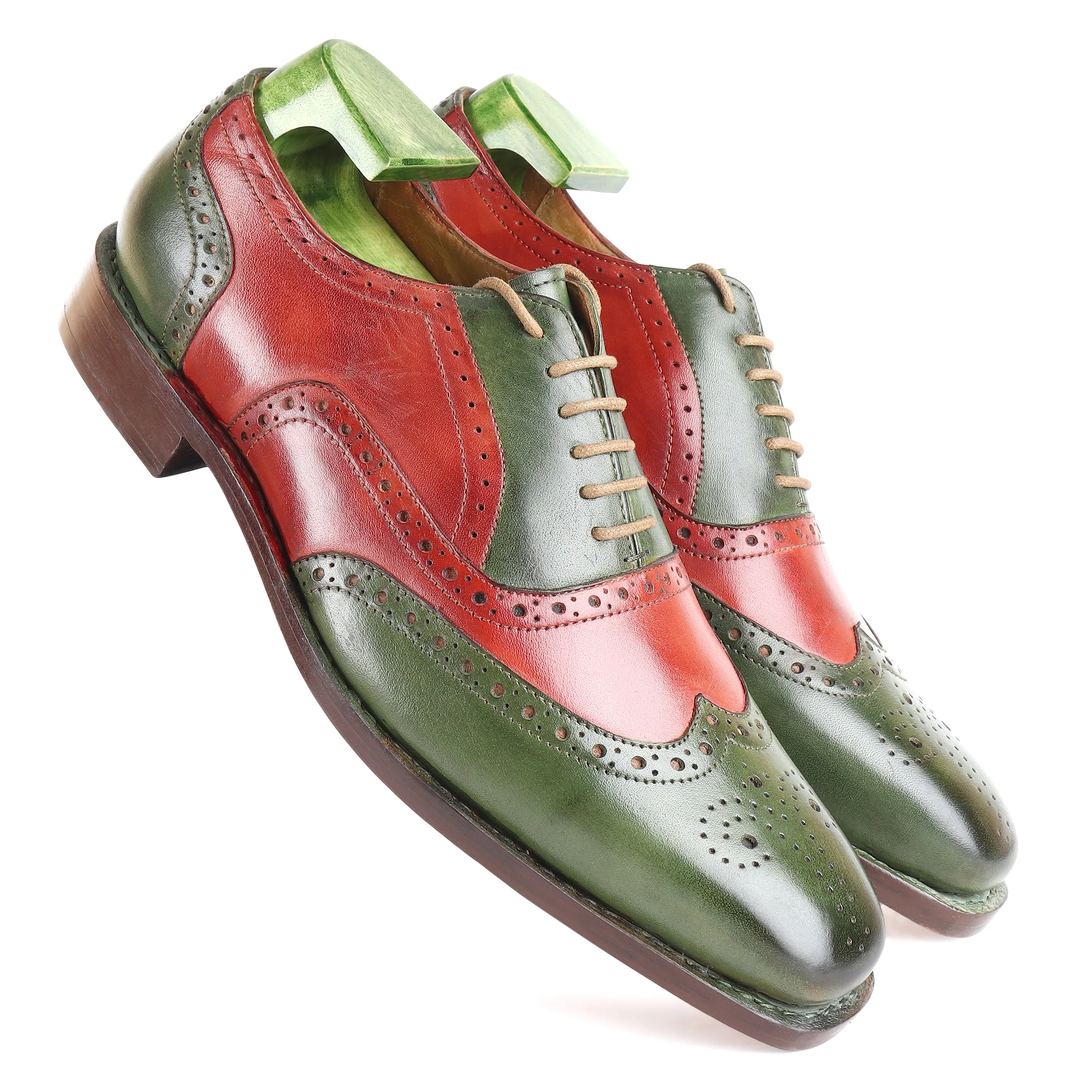Green   Red Mirror Glossed Patina Goodyear Welted Full Brogue Square Toe Oxfords