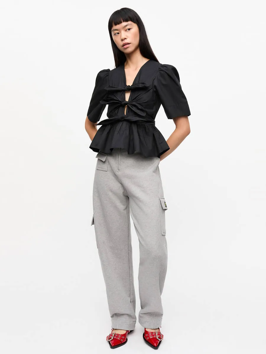 Stretch Cotton Tie Strap Blouse - Black
