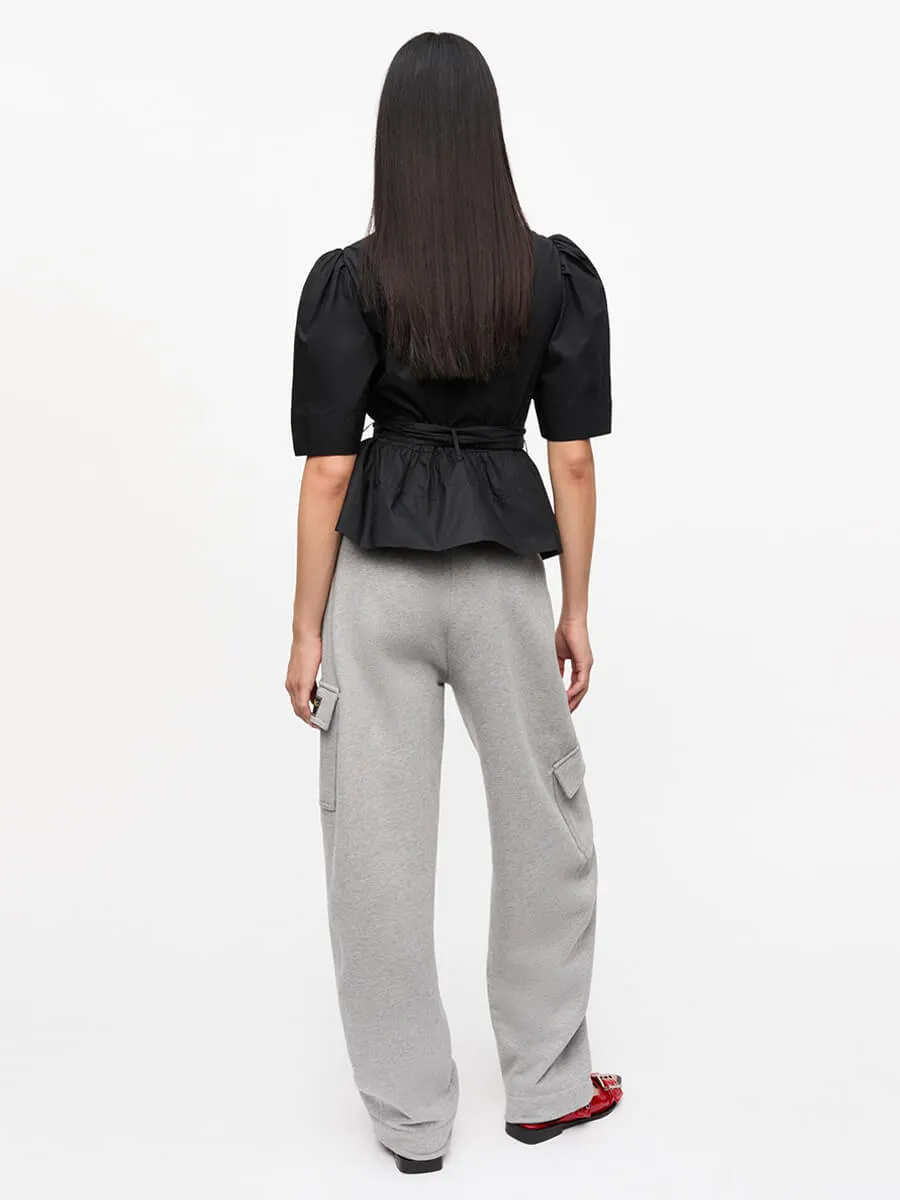 Stretch Cotton Tie Strap Blouse - Black
