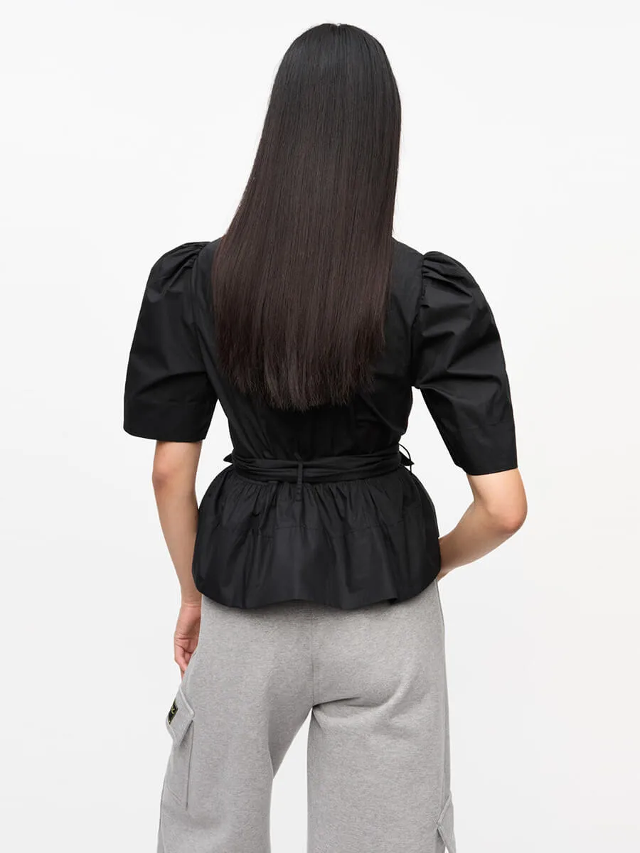 Stretch Cotton Tie Strap Blouse - Black
