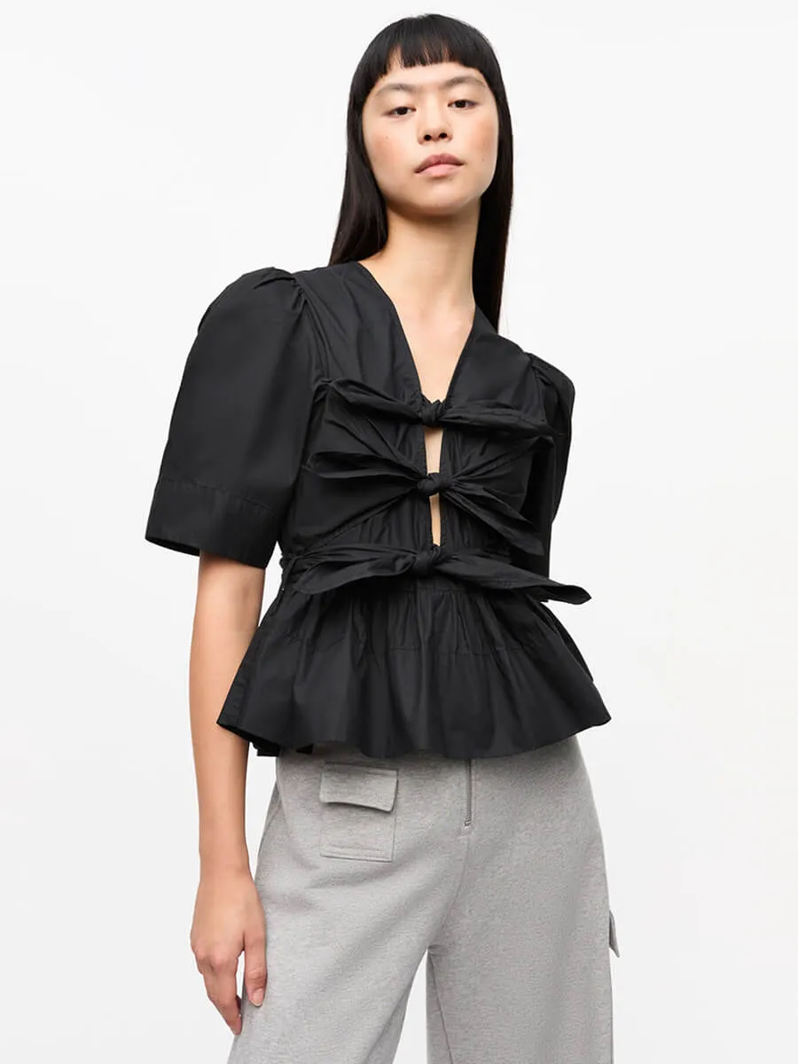 Stretch Cotton Tie Strap Blouse - Black