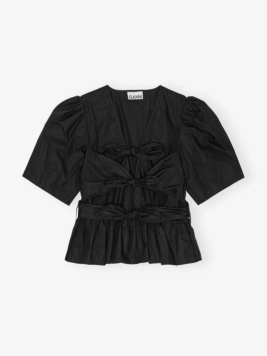Stretch Cotton Tie Strap Blouse - Black