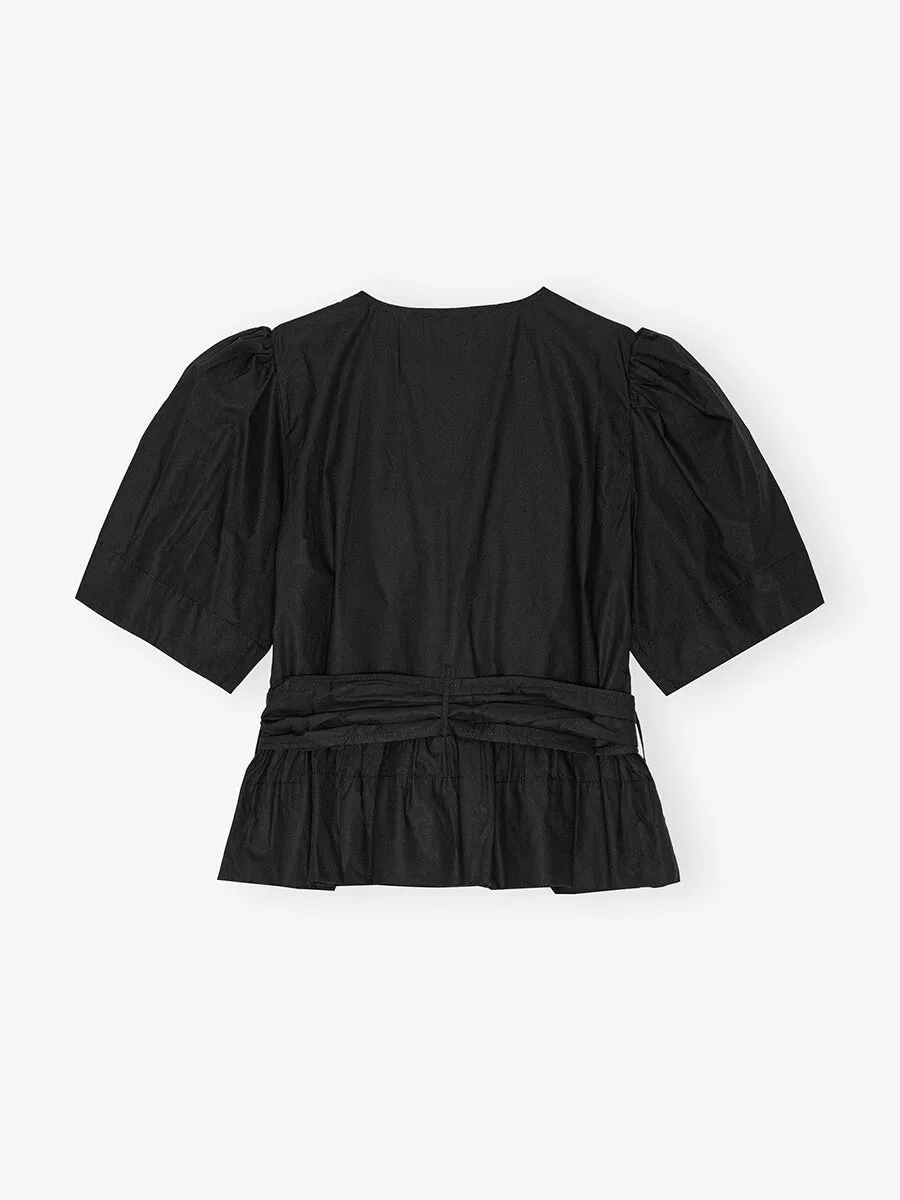 Stretch Cotton Tie Strap Blouse - Black